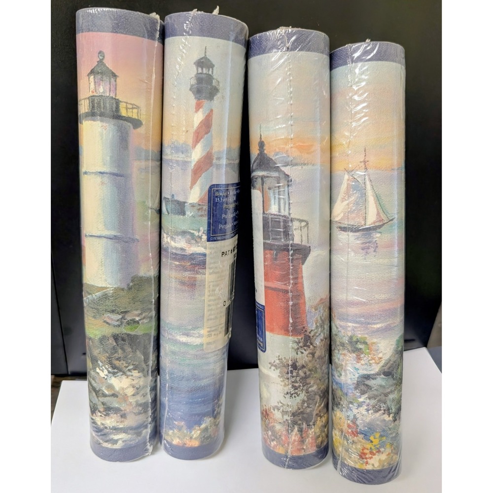 4 NOS Village Wallpaper 9" Prepasted Border Coastal Lighthouses & Sailboats 60ft